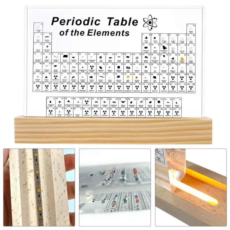 Periodic Table of Elements with wooden stand on a white background
