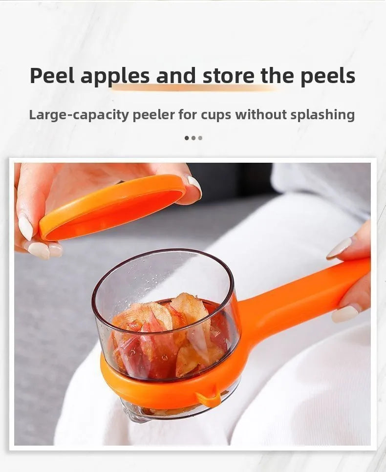 Orange apple peeler being used on a glass with text about its features.