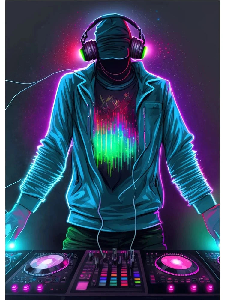 Person wearing headphones and a jacket with a colorful design, standing behind DJ equipment.