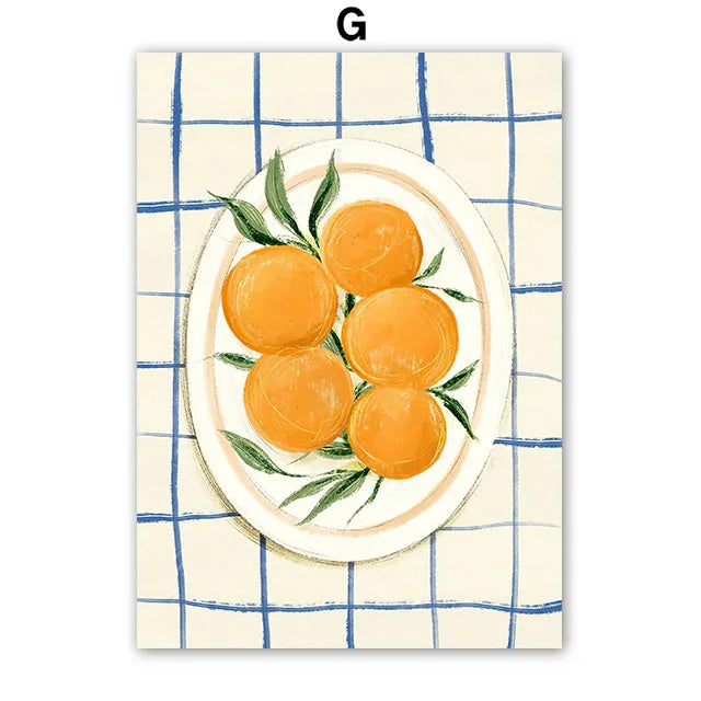Decorative poster with a design of oranges on a blue and white checkered background