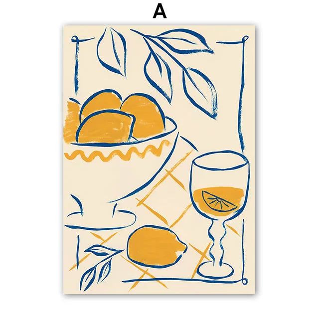 Illustration of a bowl of lemons, a glass with a lemon slice, and leaves on a beige background.