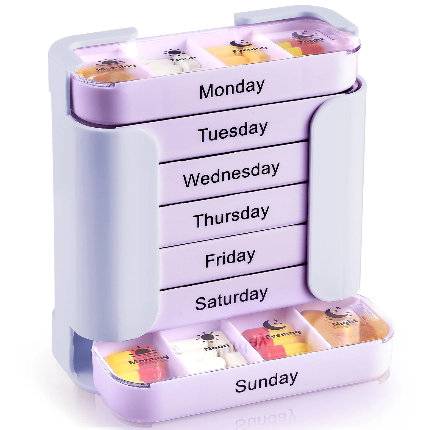 Weekly pill organizer with compartments for each day of the week on a white background