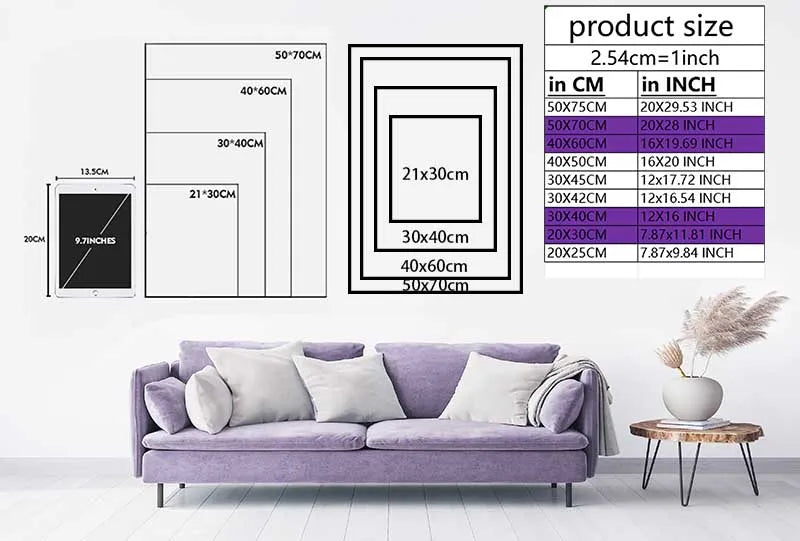 Size Chart for Modern Japanese crane wall art poster with white birds and golden sun on dark canvas