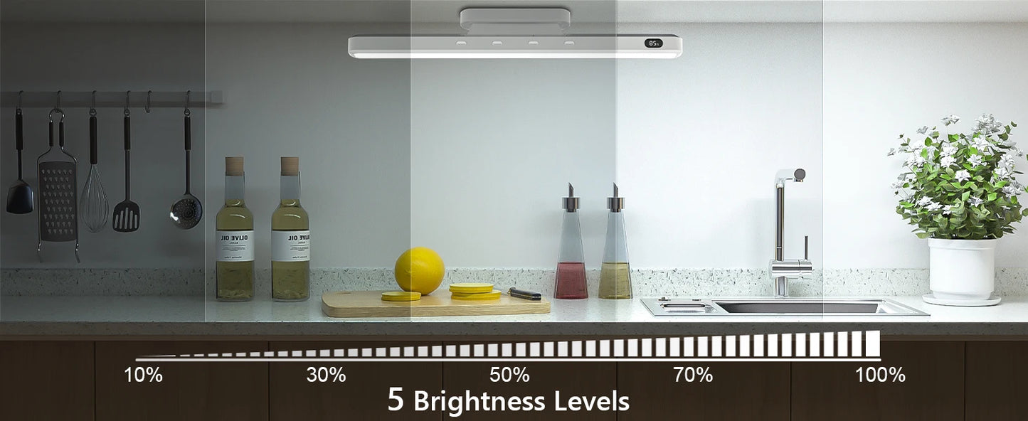 Kitchen scene with a light fixture and labeled brightness levels.