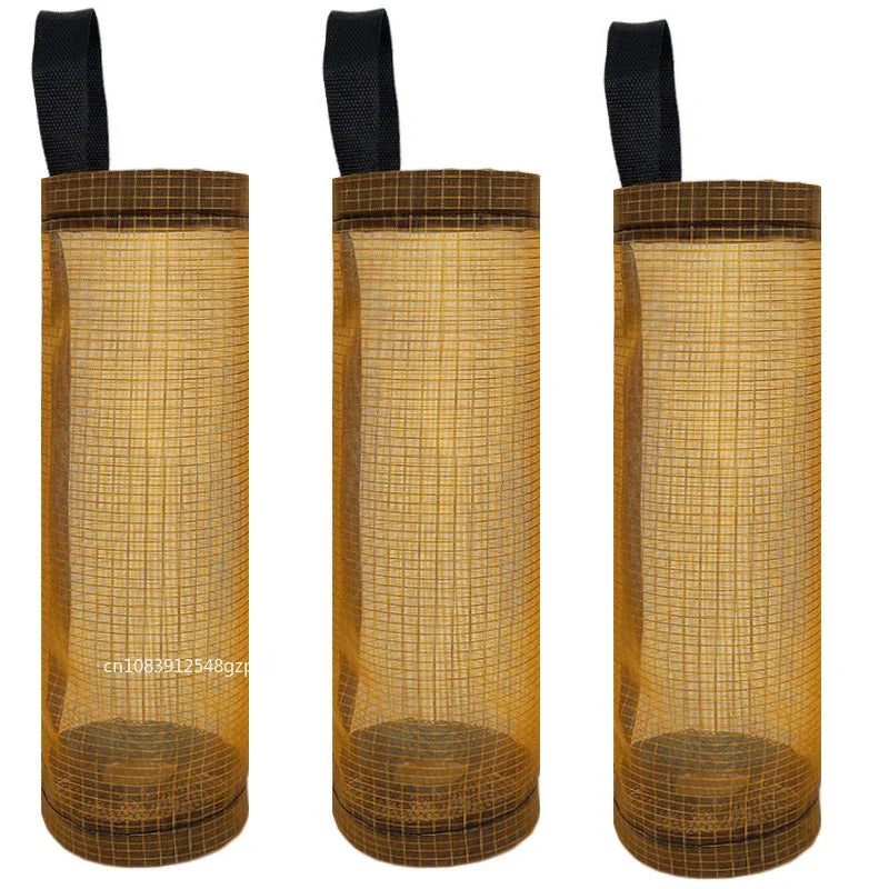 Three cylindrical mesh bags with black handles on a white background