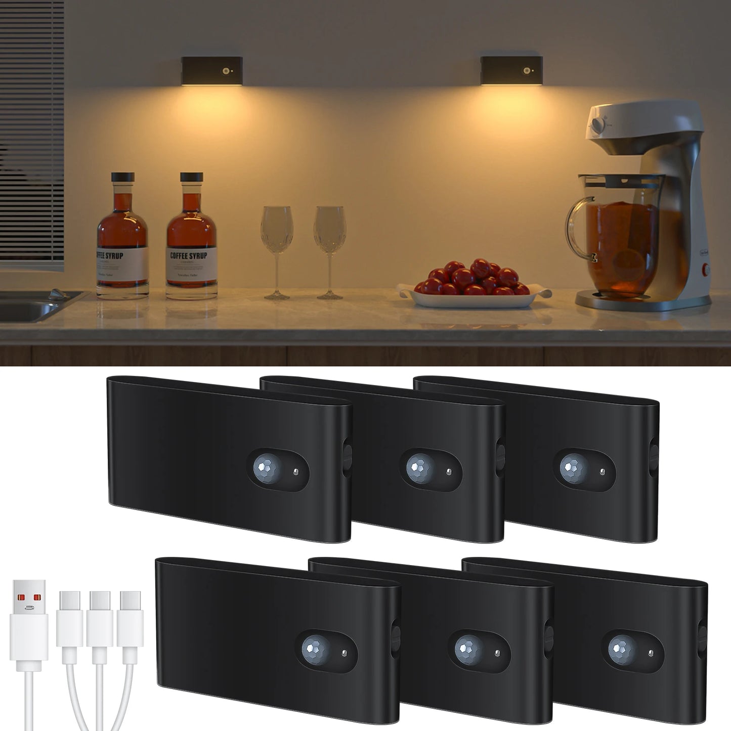 Black wall-mounted lights on a kitchen counter with drinks and food.