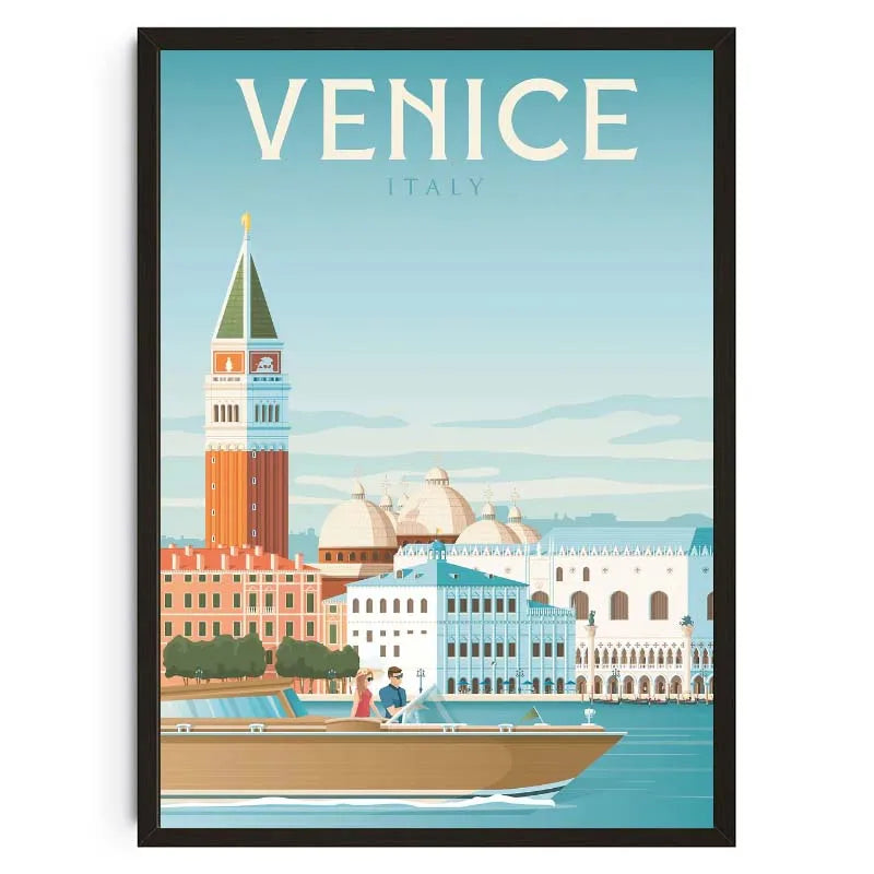 Venice, Italy poster with a boat, buildings, and the St. Mark's Campanile.