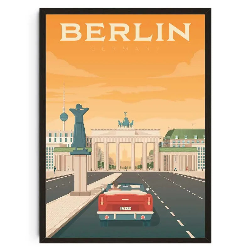 Vintage-style poster of Berlin with a red car, Brandenburg Gate, and Berliner Fernsehturm.