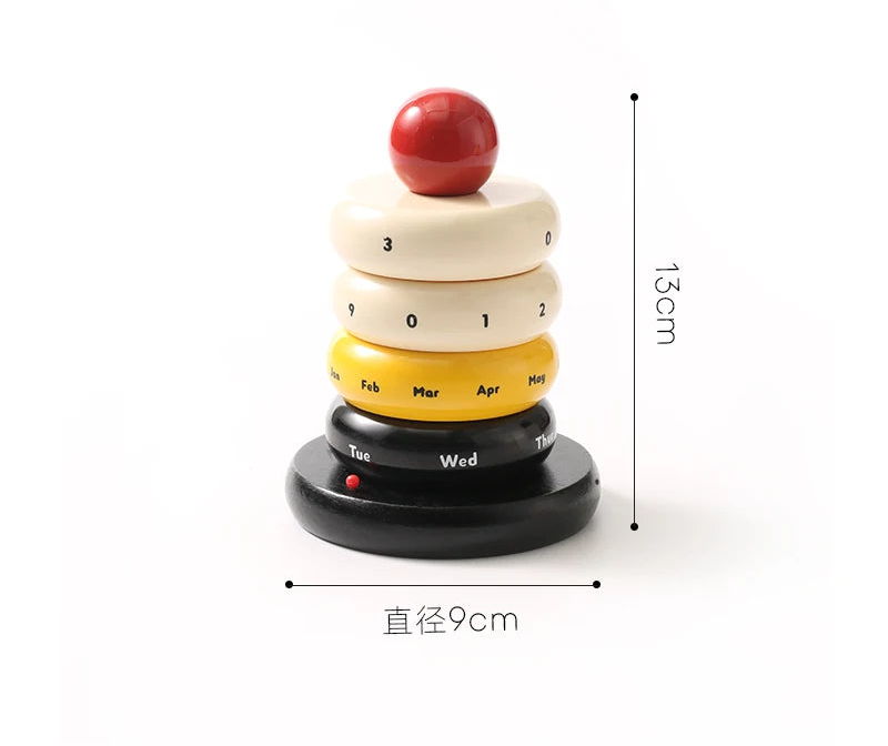 Colorful rotating cake calendar on a white surface with a blurred background with measurements