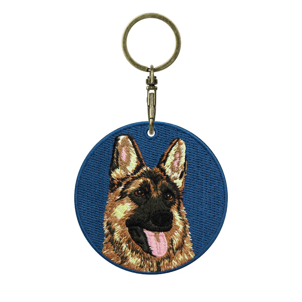 Keychain with embroidered German Shepherd design on a blue background