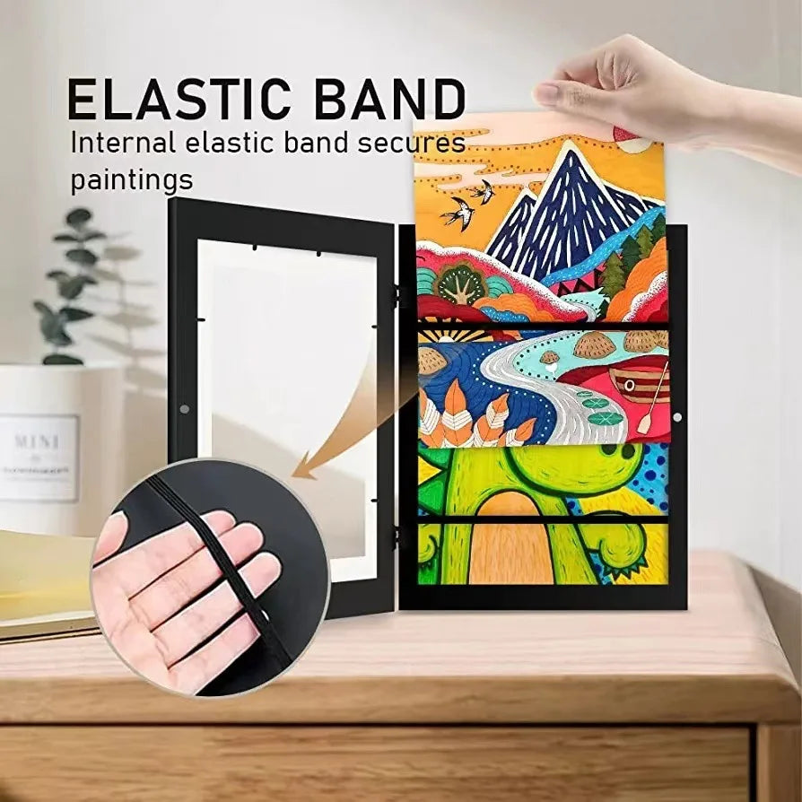 Colorful painting with an elastic band securing it, on a wooden surface.