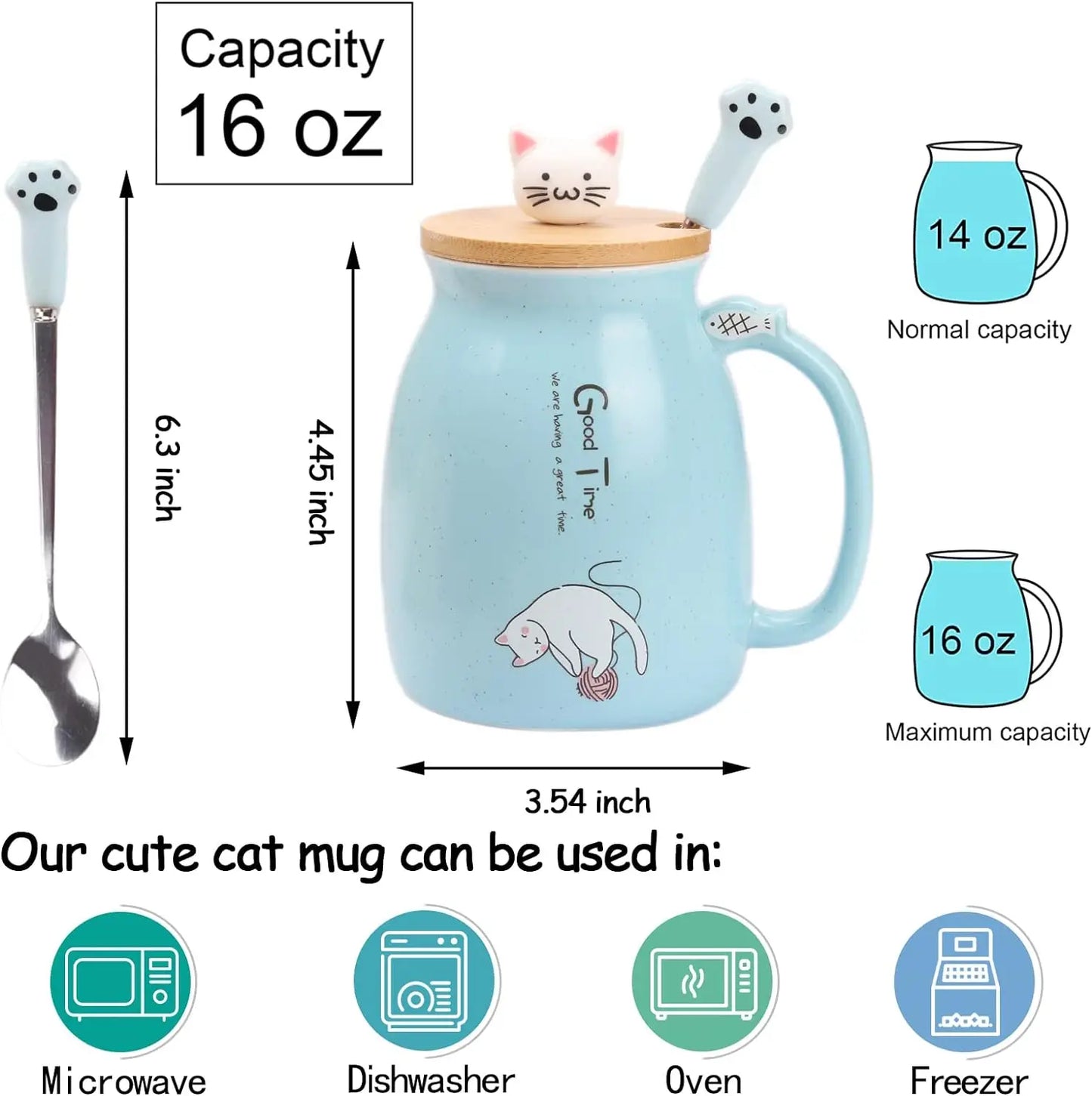 Kawaii pastel cat ceramic mug with wooden lid and cat spoon – Japanese style coffee cup in Blue