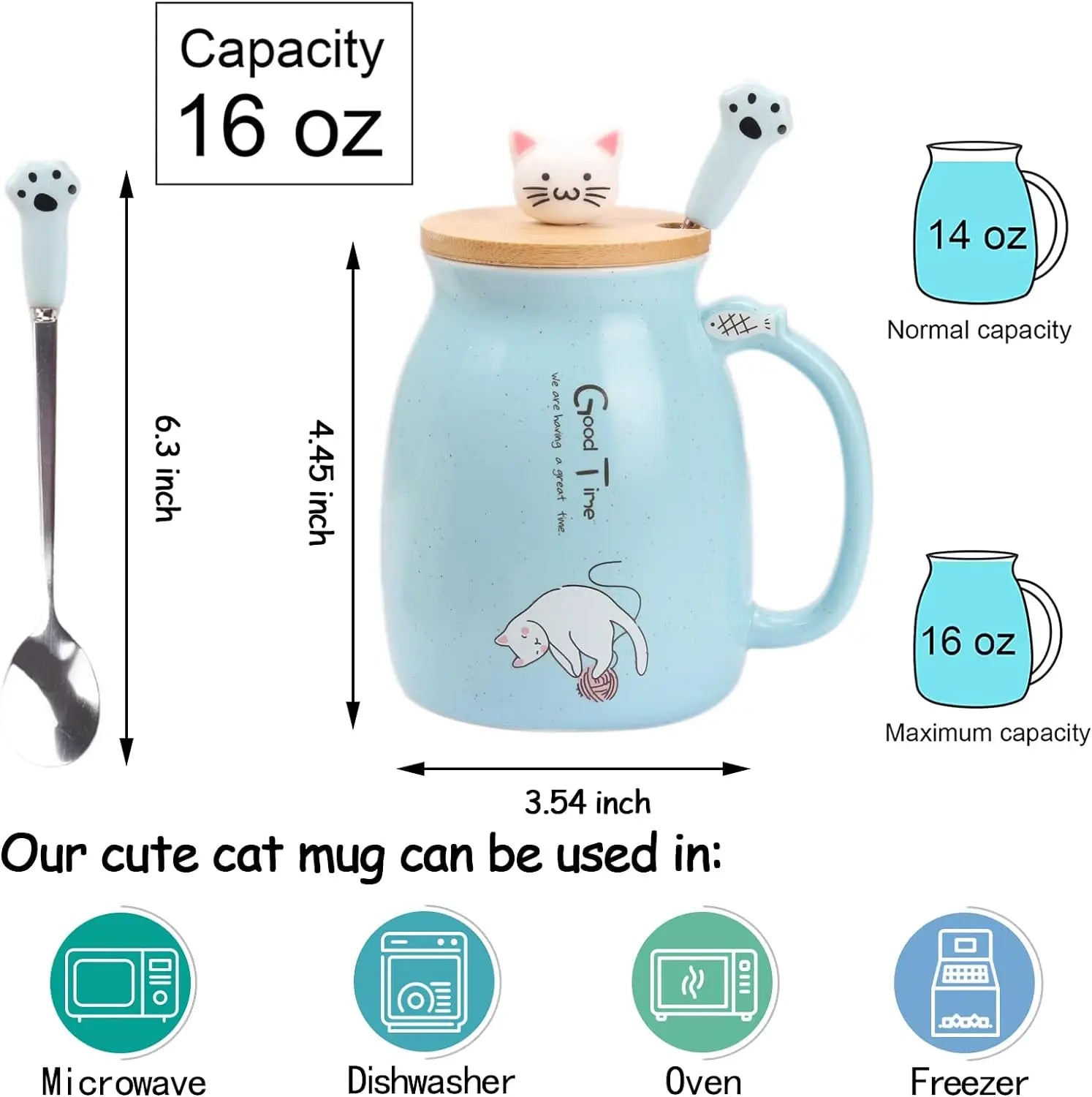 Kawaii pastel cat ceramic mug with wooden lid and cat spoon – Japanese style coffee cup in Blue
