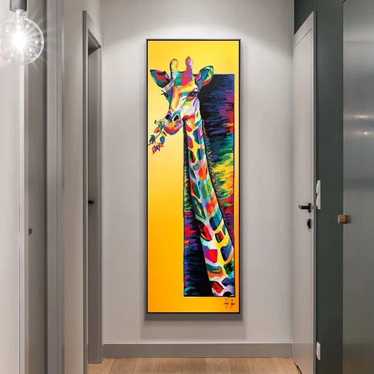 Colourful abstract giraffe poster with a tall vertical design on a yellow background.