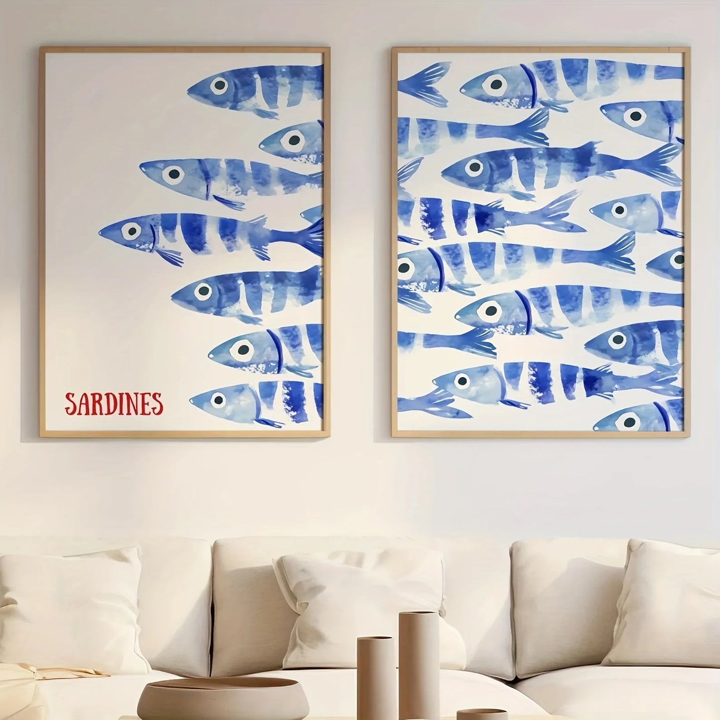 Blue sardine poster print in retro Mediterranean style wall art design