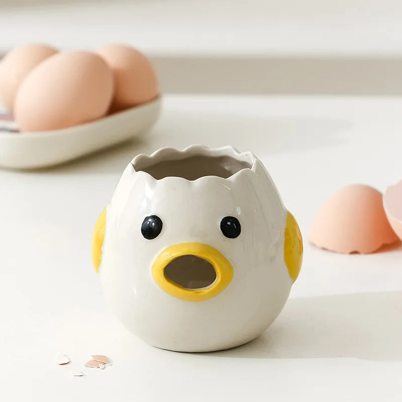 Ceramic egg holder shaped like a duck with eggs in the background