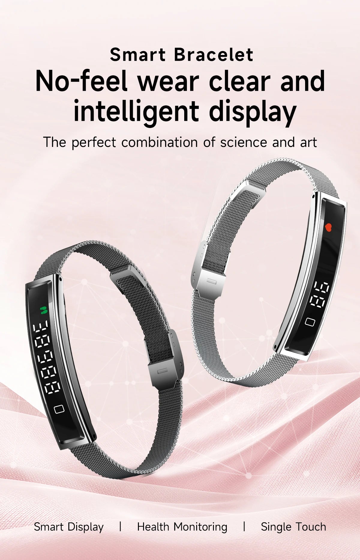 Smart fitness bracelet in gold and white, showing slim touchscreen and silicone/mesh straps.