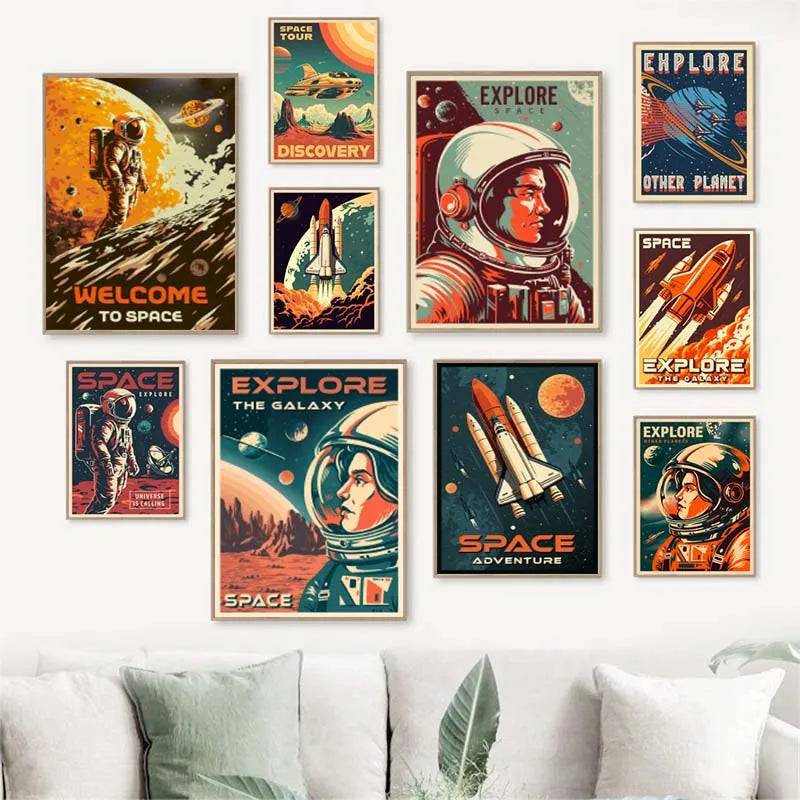 Vintage Space Wall Art – Retro Astronaut & Rocket Illustration Canvas Prints