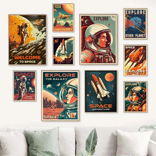 Vintage Space Wall Art – Retro Astronaut & Rocket Illustration Canvas Prints