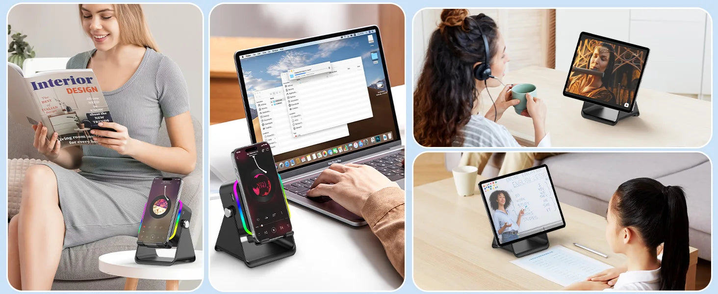 Collage of a person using a smartphone, laptop, and tablet on stands in various settings.