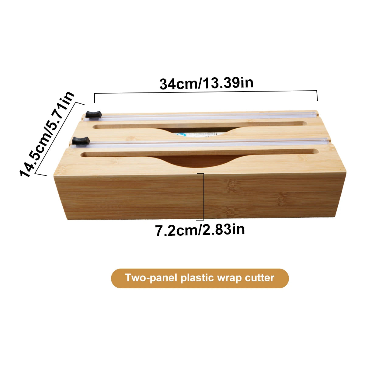 Bamboo kitchen wrap dispenser with integrated foil and cling film cutter