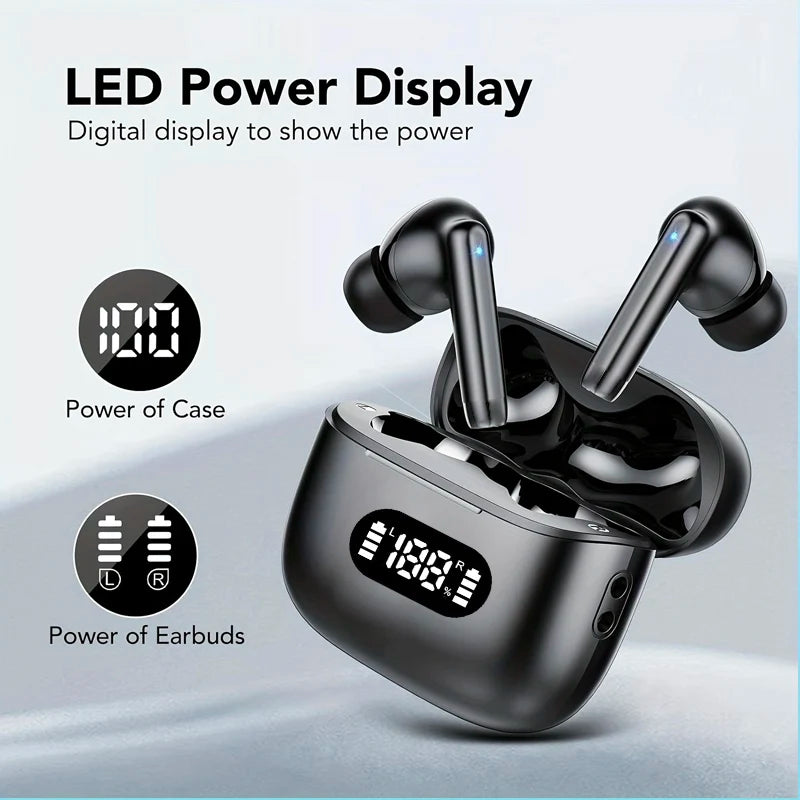 Black wireless earbuds with LED power display and charging case on a light gray background