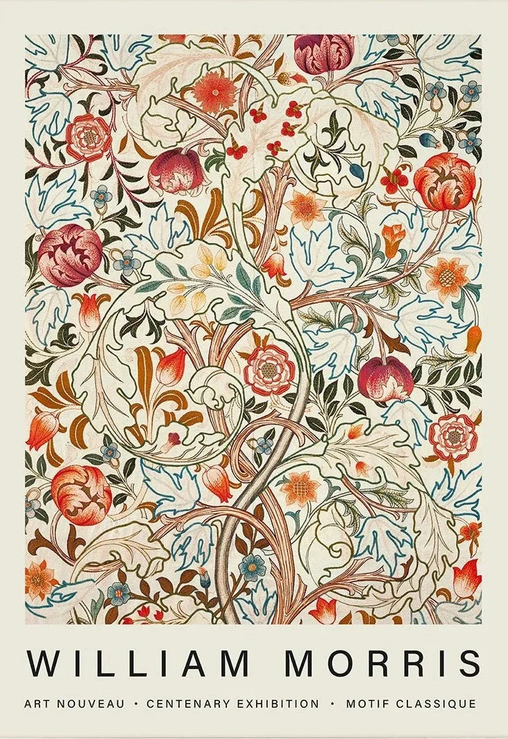 Decorative poster with floral and leaf patterns inspired by William Morris, featuring the text 'William Morris Art Nouveau Centenary Exhibition Motif Classique'.