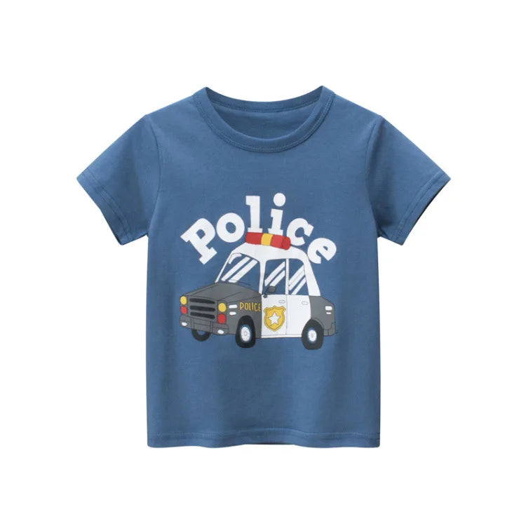 Blue t-shirt with a police car graphic and 'Police' text on a white background