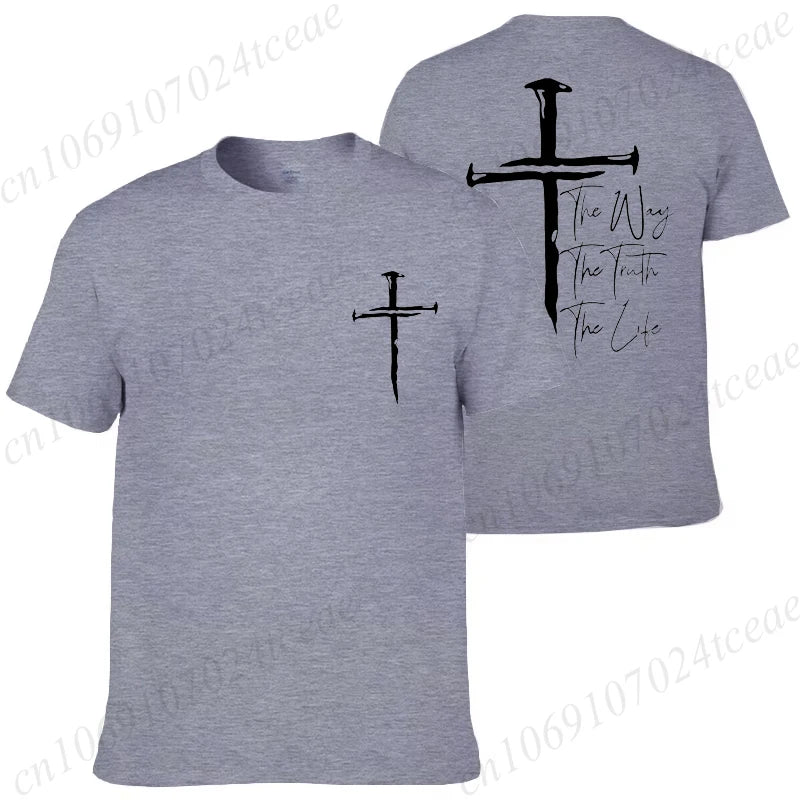 Gray t-shirt with black cross design and text on front and back