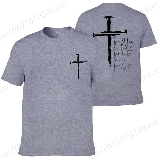 Gray t-shirt with black cross design and text on front and back