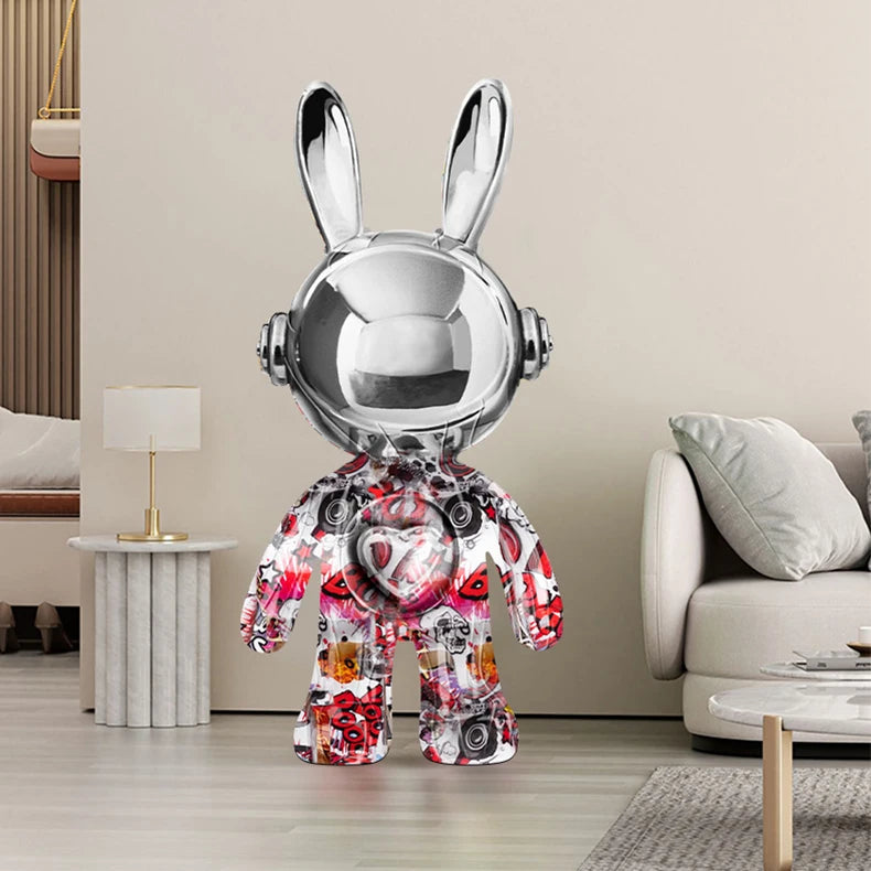 Decorative robot rabbit figure in a modern living room setting