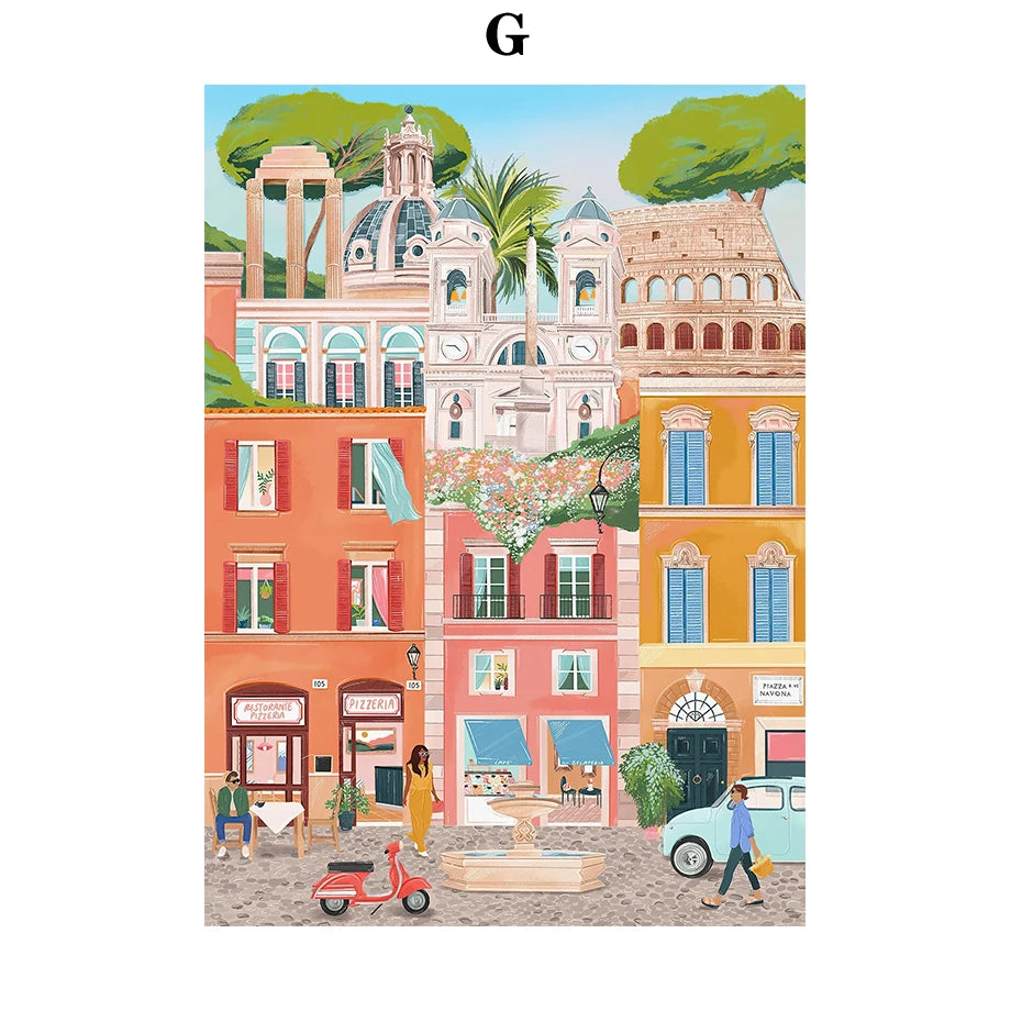 Colorful illustration of a street scene with buildings, people, and a scooter.