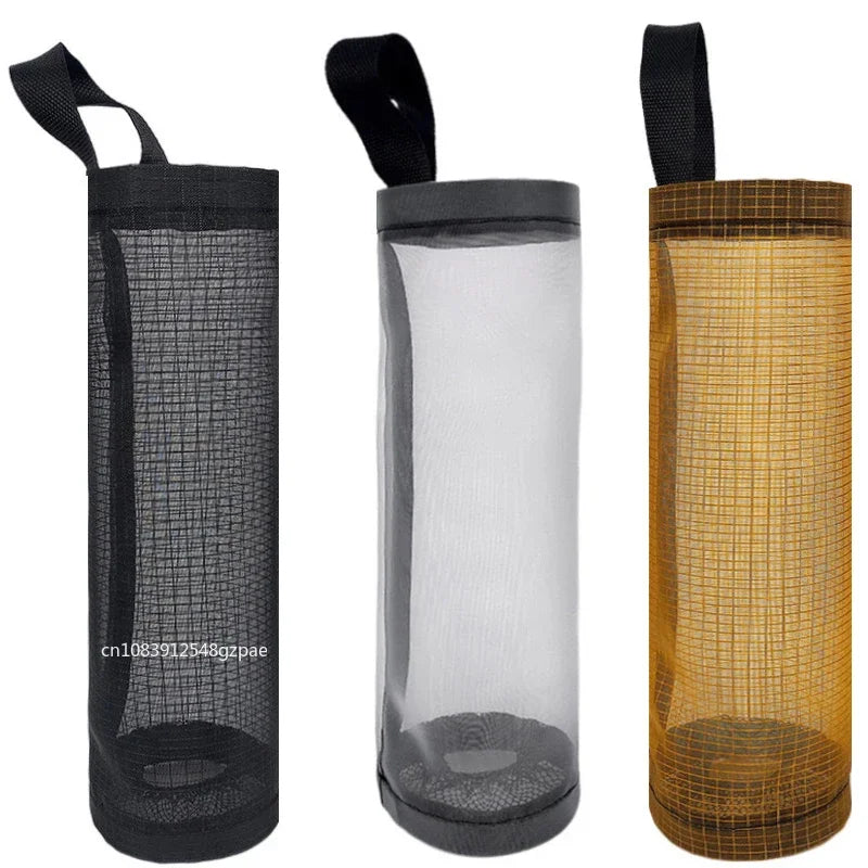 Three mesh bags with handles in black, clear, and brown on a white background