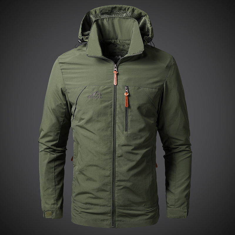 Green jacket with a hood on a gray background