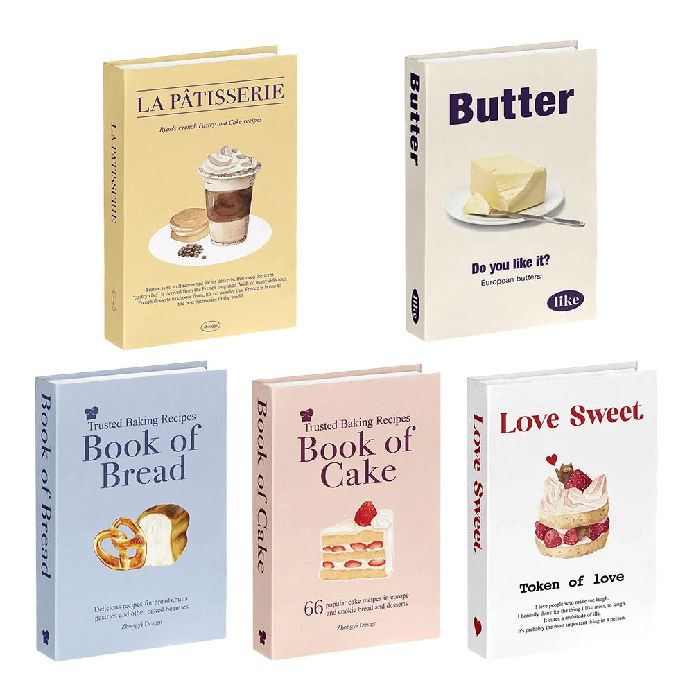 Collection of decorative books with various titles and images on a white background