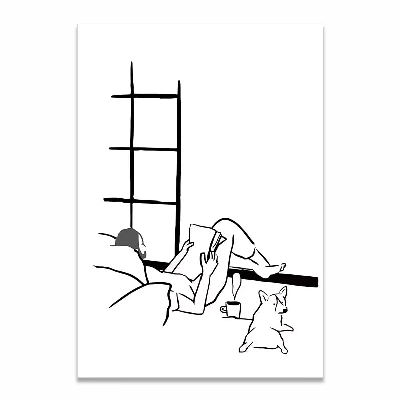 A minimalist black and white line art print depicting a person relaxing on a couch with a book and a small dog, shown as a vertical poster on a white background.