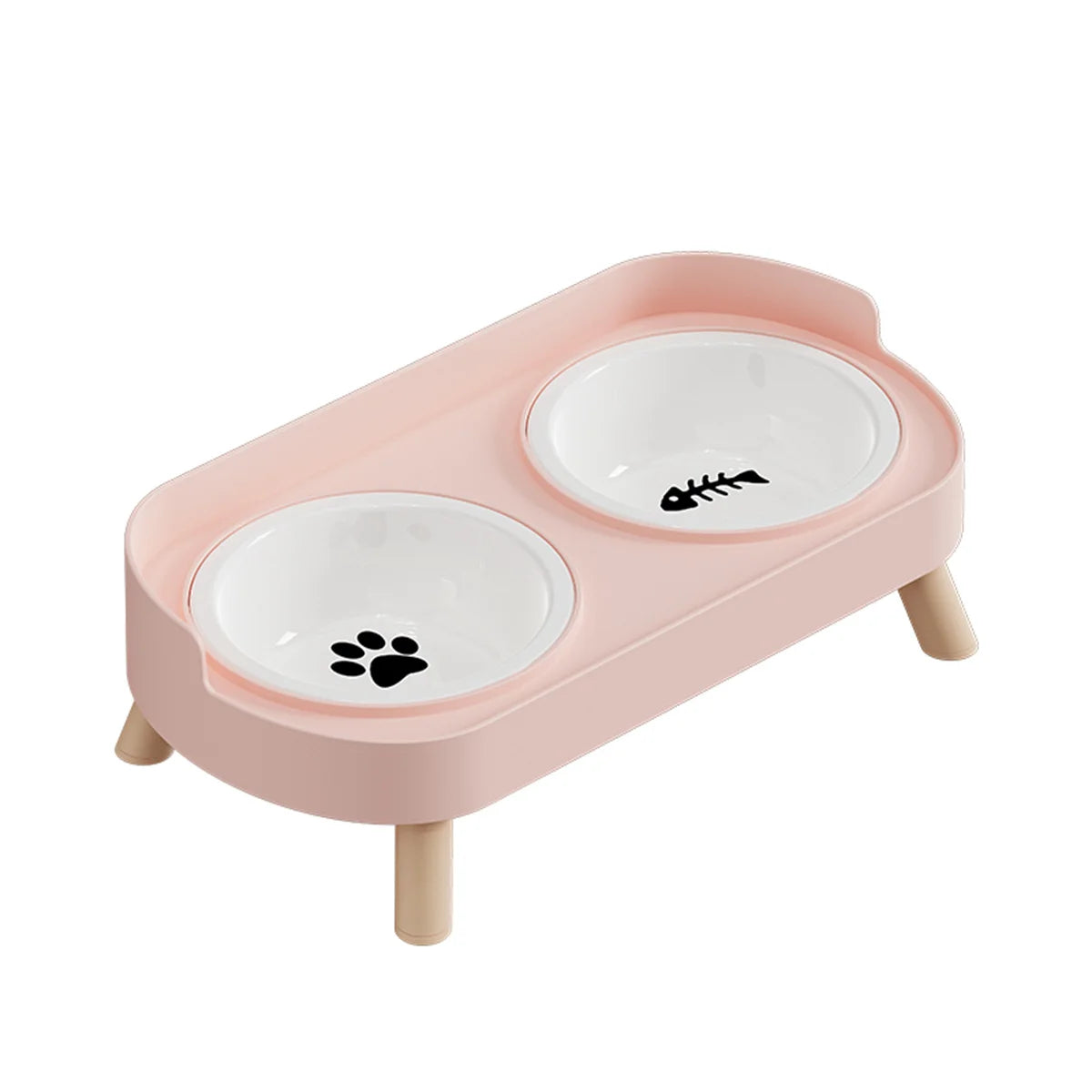 Pink pet feeding station with two bowls on a white background