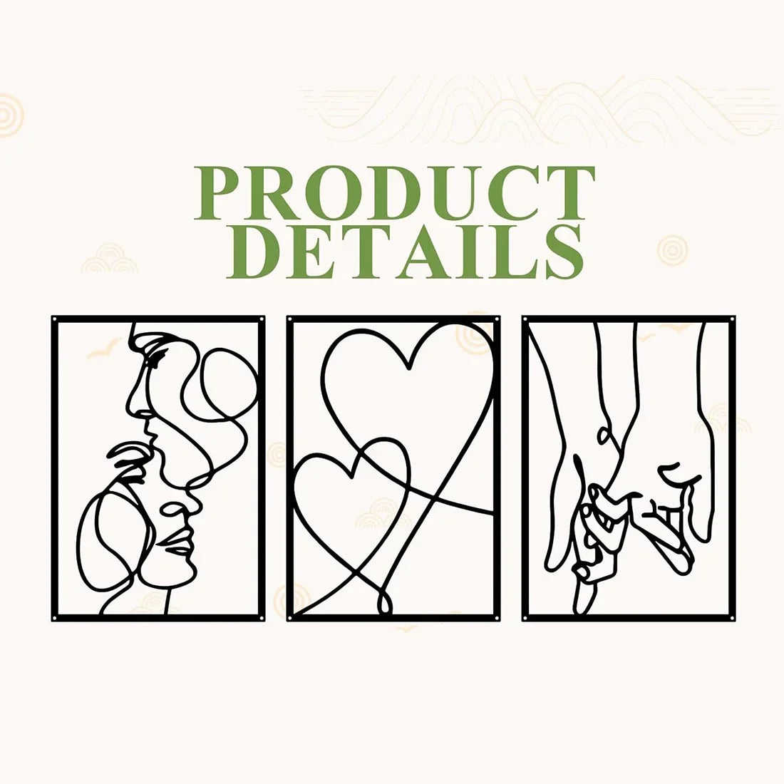 Three abstract line metal art designs on a white background with 'Product Details' text.