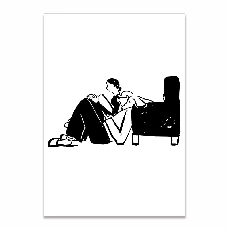 A minimalist black and white art print depicting a woman sitting on a chair, leaning back with her legs extended, on a white background.