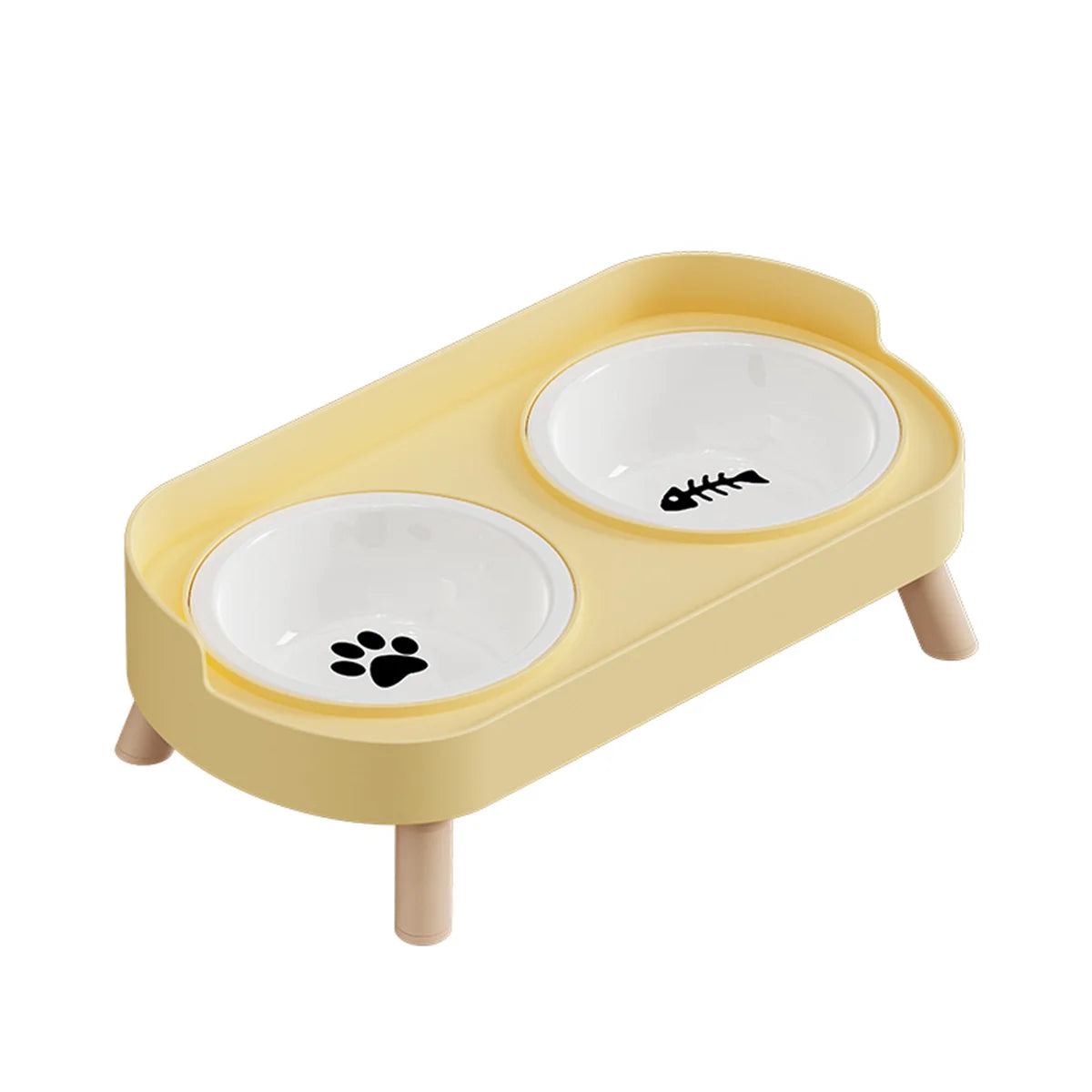 Yellow pet feeding station with two white bowls on a white background