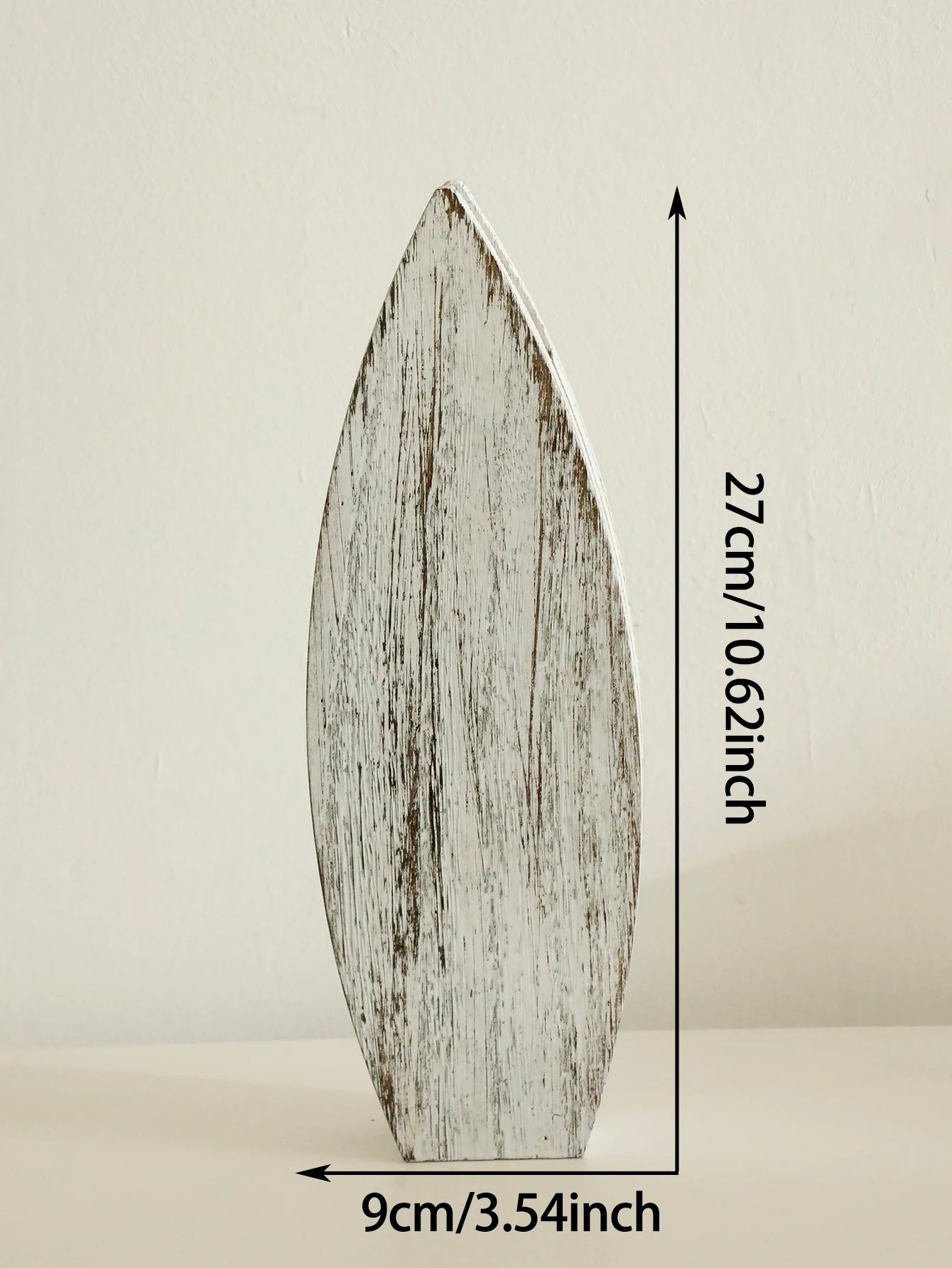 White surfboard-shaped wooden vase with rustic distressed finish measurements