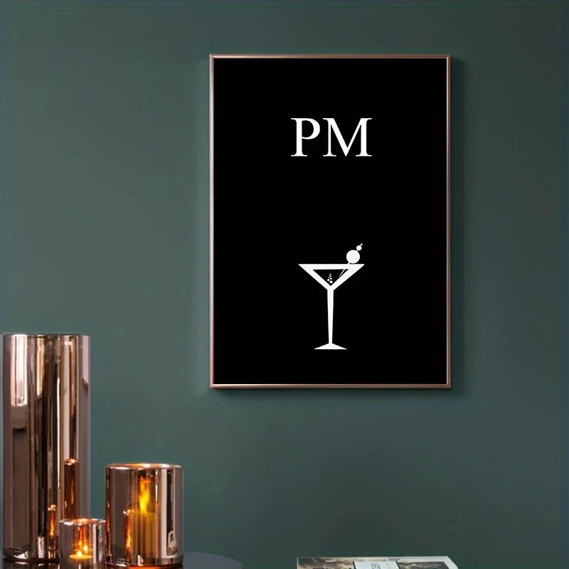 Framed artwork with 'PM' and a cocktail glass on a dark green wall.