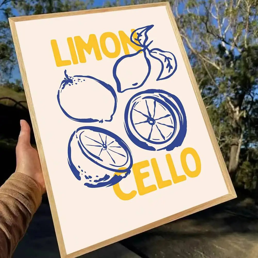Framed artwork with lemons and 'Limon Cello' text held outdoors.