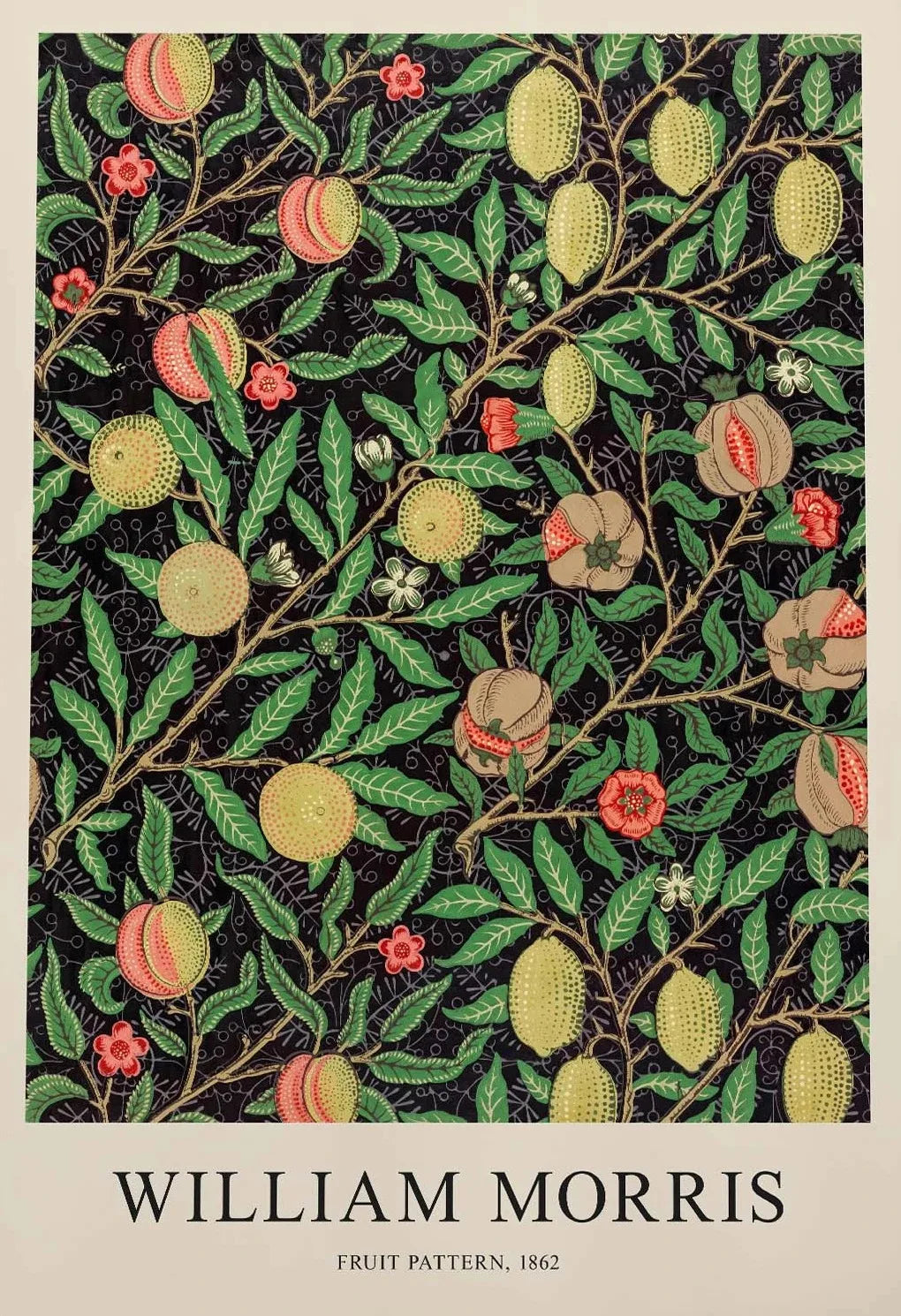 Fruit pattern design by William Morris with leaves and flowers on a black background.