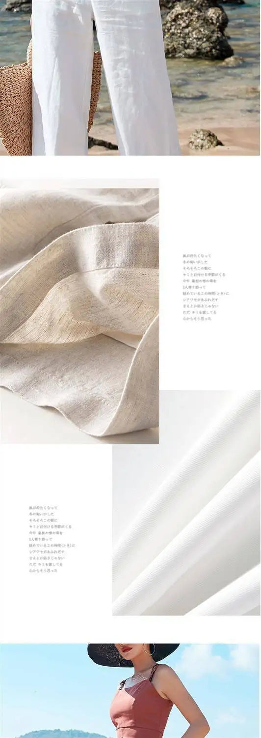 Close-up of white linen fabric with text overlay on a blurred beach background