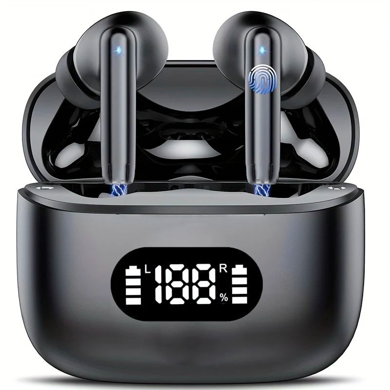 Wireless noise cancelling earbuds with LED display charging case for everyday use