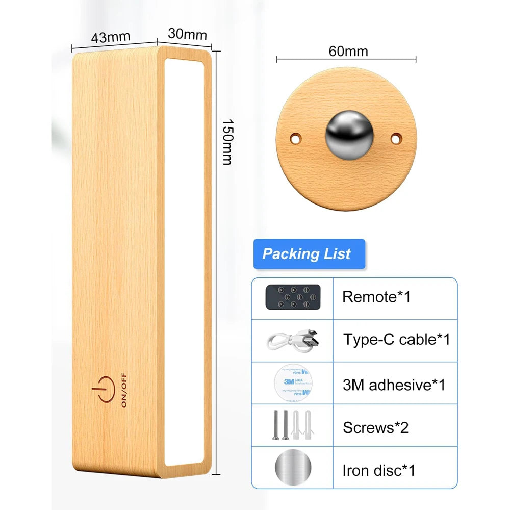 Wooden doorbell with dimensions and packing list on a white background
