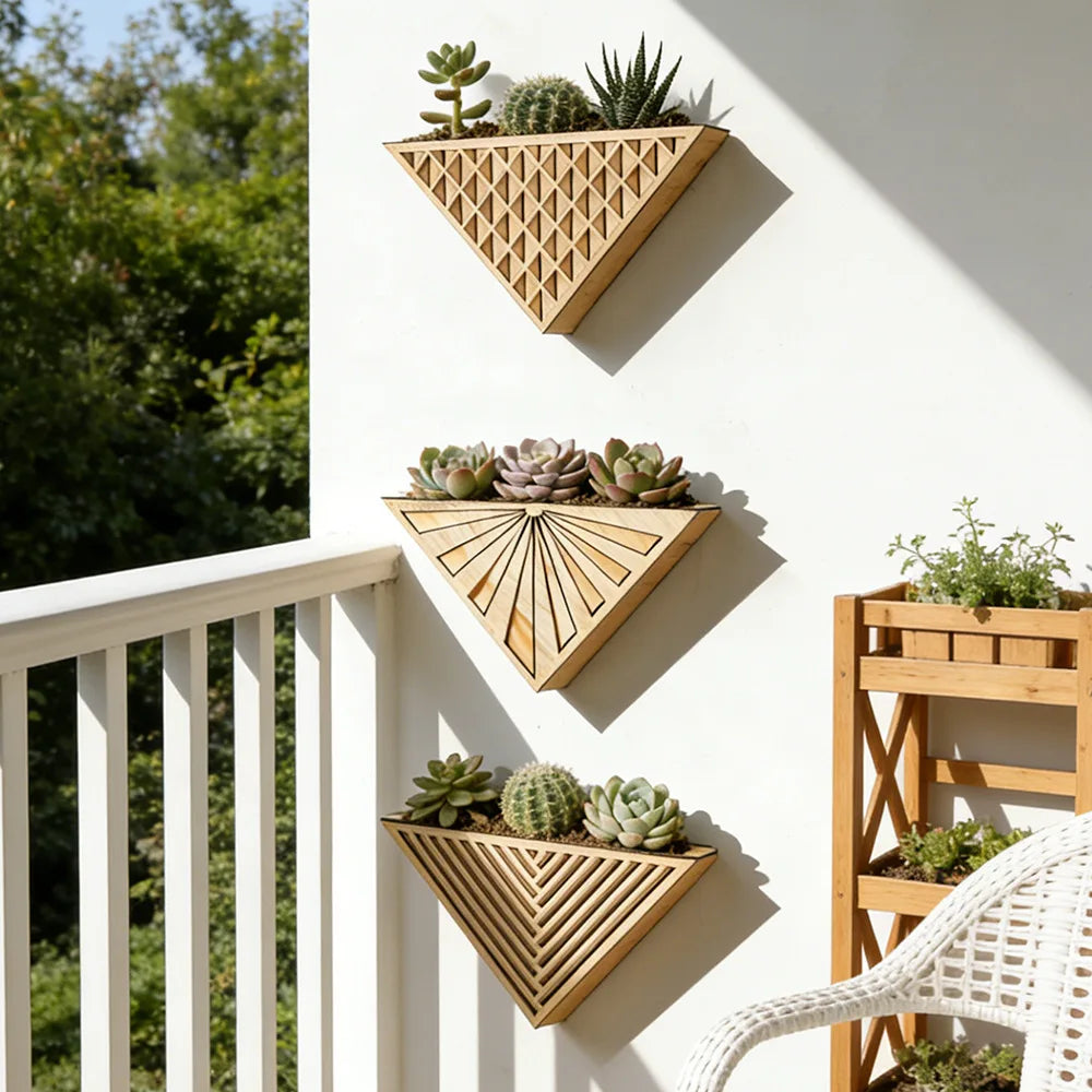 Wooden wall planters with succulents on a balcony