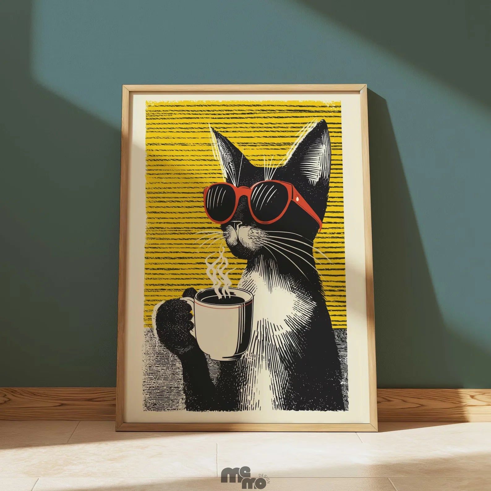 Cool cat drinking coffee wall art poster with black and white cat wearing red sunglasses on yellow background