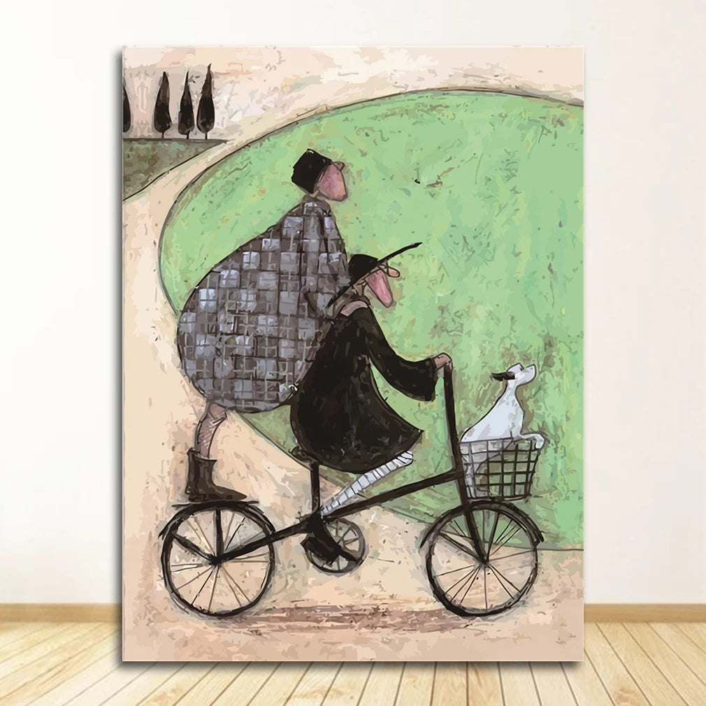 Artistic depiction of two people on a bicycle with a dog in a basket against a green background.